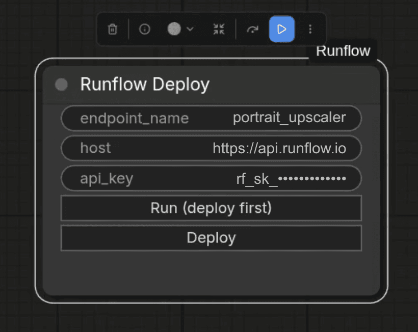 Runflow Deploy node with endpoint_name, host, and api_key fields filled in