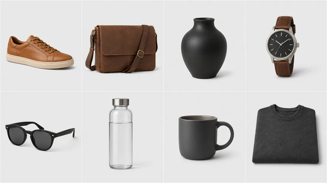 A grid of eight product cutouts produced by a batch run