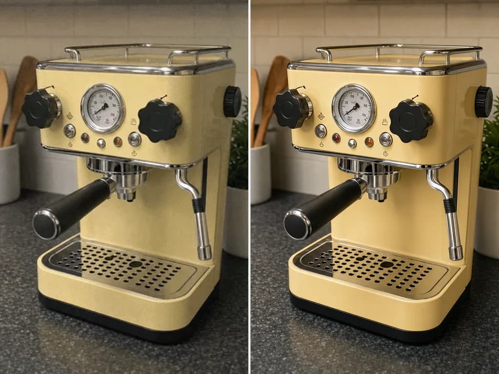 A side-by-side before-after diptych showing a degraded photo on the left and the restored version on the right