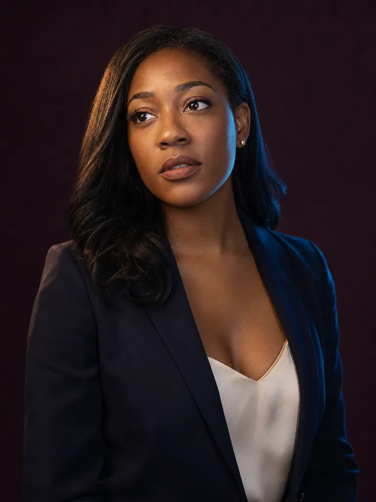 Headshot variation 3, dramatic warm side-lit, dark plum backdrop