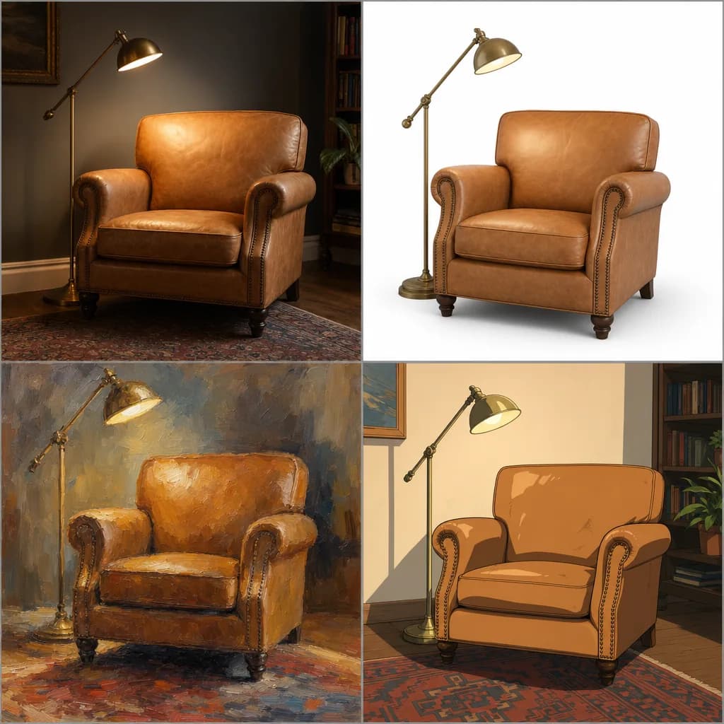 A 2x2 grid showing the same chair-and-lamp scene rendered in four different art styles by four different models
