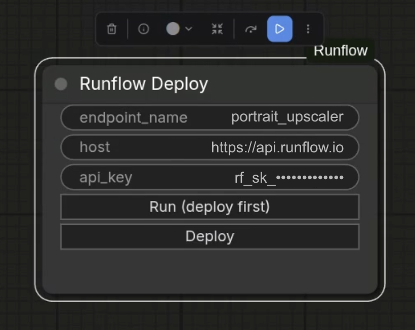 Runflow Deploy node with endpoint_name, host, and api_key fields filled in